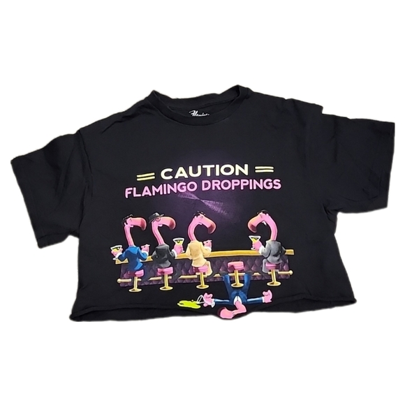 Flamingo Las Vegas Merchandise Small Cropped Tee Shirt Drunk Humor Caution Black - Picture 1 of 5